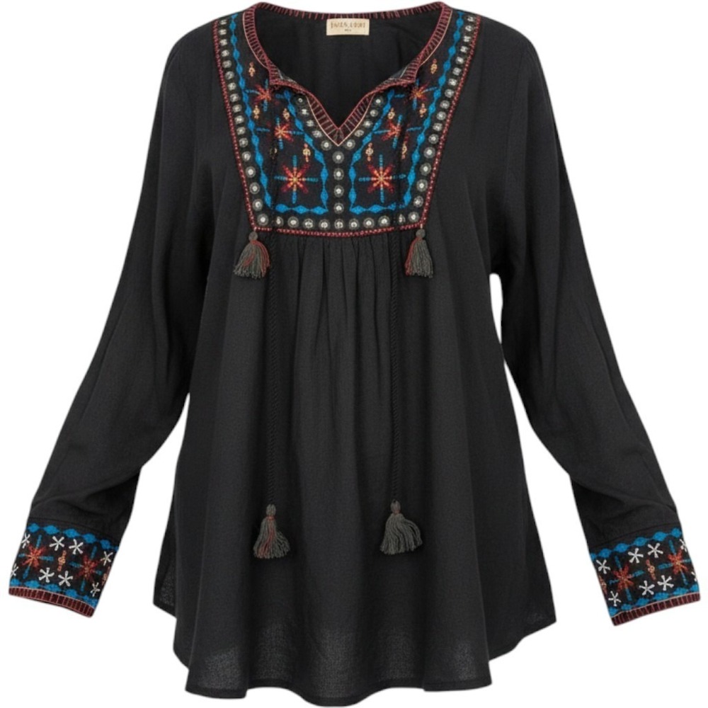 Lula Soul Embroidered Peasant Blouse Black Boho Tassel Viscose Top Women XS